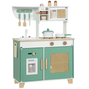 AIYAPLAY Bucatarie de jucarie din lemn pentru copii, cu accesorii, plita, espressor, dulapior, 3-6 ani, verde | Aosom Romania 5b4d imagine