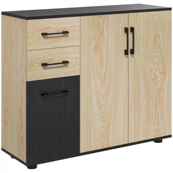 Bufet modern HOMCOM cu 2 dulapuri si 2 sertare, bufet de bucatarie cu raft reglabil, 90x30x75,5 cm, de culori nuc si negru 205d imagine