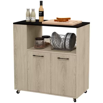 Carucior de bucatarie din PAL HOMCOM cu raft deschis, dulap cu 2 usi si polita laterala cu 2 niveluri, 75x40x80,5 cm, de culori stejar si negru d111 imagine