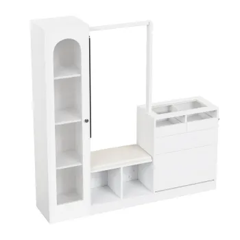 Combinatie 6-in-1 pentru intrare cu iluminare LED, set cuier, masa de toaleta, banca pentru pantofi, dulap rabatabil pentru pantofi si vitrina din sticla, 163x35x161 cm, Alb 6699 imagine