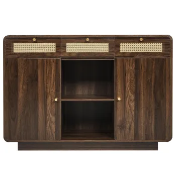 Comoda bufet, 3 sertare + 2 dulapuri cu raft central deschis si fete din ratan, 120x40x85 cm, Maro 3a99 imagine