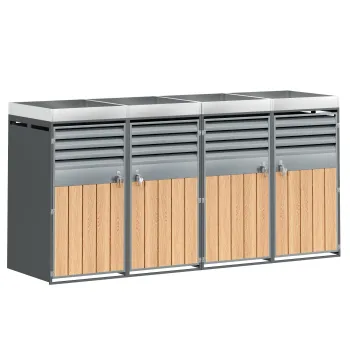 Cutie pentru pubele cu zona de plantare integrata, dulap pentru pubele, 4-compartimente, cu incuietoare, 264x80x124,5 cm, Gri+Culoare naturala 262b imagine