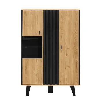 Dulap auxiliar cu vitrina, iluminare LED si sticla, 80x40x120 cm, Culoare naturala+Negru 902c imagine