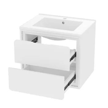 Dulap de baie suspendat pe perete cu iluminare LED cu senzor radar, doua sertare si chiuveta integrata din ceramica, 60x46x50 cm, Alb a1d4 imagine