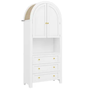 Dulap de depozitare inalt cu arc, cu 3 sertare, usi si compartiment deschis pentru expunere, pentru bucatarie si living, 70x35x180 cm, Alb 4b47 imagine