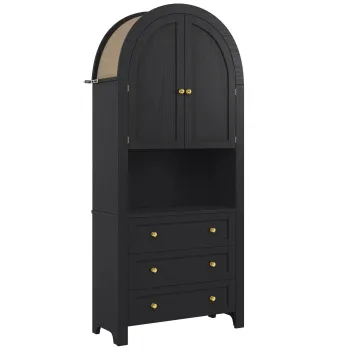 Dulap de depozitare inalt cu arc, cu 3 sertare, usi si compartiment deschis pentru expunere, pentru bucatarie si living, 70x35x180 cm, Negru f06f imagine