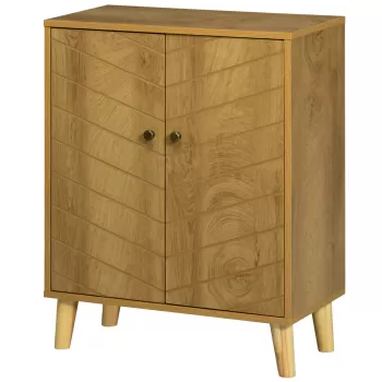 Dulap de depozitare vintage HOMCOM cu usi chevron duble si picioare din lemn de pin, dulap lateral pentru living, bucatarie, dormitor, efect de lemn natural f778 imagine