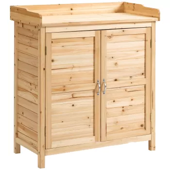 Dulap de exterior Outsunny cu 2 rafturi din lemn de brad cu design inaltat si 2 usi, 83x40x92 cm, culoarea lemnului 6874 imagine