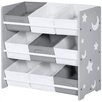 Dulap de jucarii ZONEKIZ cu 9 cosuri detasabile, cutie de depozitare pentru jucarii din lemn MDF si material textil, 63x30x60cm, gri si alb | AOSOM RO 3196 imagine