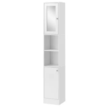 Dulap inalt pentru baie cu oglinda, coloana de baie din lemn cu 2 rafturi deschise, 2 usi si polite interioare ajustabile 30x28x180 cm Alb | Aosom Romania ae5f imagine