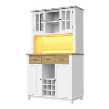 Dulap inalt pentru bucatarie cu iluminare LED, Culoare naturala+Alb | Aosom Romania f047 imagine