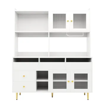 Dulap inalt pentru sufragerie, cu usi cu geam perforat, decor auriu si spatiu mare de depozitare pe mai multe niveluri, 145x39x171 cm, Alb 42fc imagine