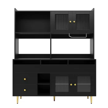 Dulap inalt pentru sufragerie, cu usi cu geam perforat, decor auriu si spatiu mare de depozitare pe mai multe niveluri, 145x39x171 cm, Negru b155 imagine