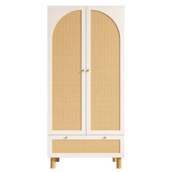 Dulap pentru haine cu 2 usi, front din ratan, sertar mare, rafturi reglabile pe inaltime si bara pentru haine, 180x85x52 cm, Alb d48e imagine