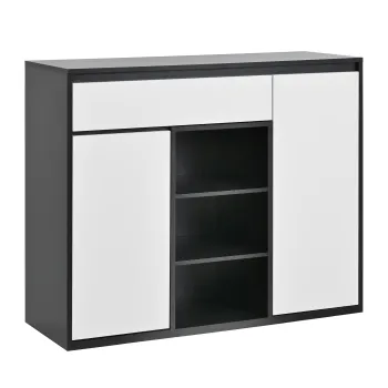 Dulap pentru pantofi cu 2 usi si 1 sertar, cu iluminare LED si raft reglabil pentru incaltaminte, 105x39,5x86 cm, Negru+Alb f596 imagine