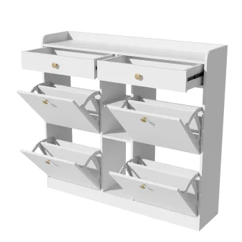 Dulap pentru pantofi cu 4 usi rabatabile, 2 sertare si 3 compartimente deschise, 110x26x100 cm, Alb 0039 imagine