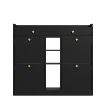 Dulap pentru pantofi cu 4 usi rabatabile, 2 sertare si 3 compartimente deschise, 110x26x100 cm, Negru 7bbf imagine