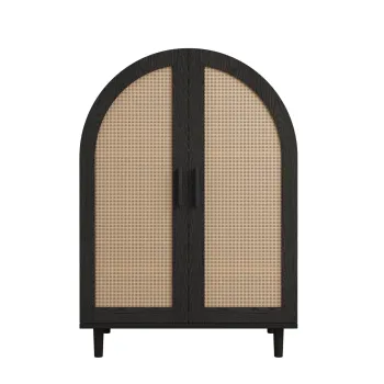 Dulap pentru pantofi cu exterior rotunjit, usi din ratan decupate si 3 rafturi, 70x40x100 cm, Culoare naturala+Negru b222 imagine