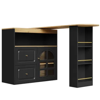 Dulap sideboard rotativ 360?, cu 2 sertare, raft pentru gustari, geam arcuit, 138-204x39x104 cm, Negru bacd imagine