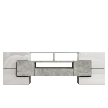 Dulap TV cu iluminare LED, suprafete din sticla, cu 6 usi, 2 sertare si 3 compartimente, 145x30x51 cm, Alb+Gri 8635 imagine