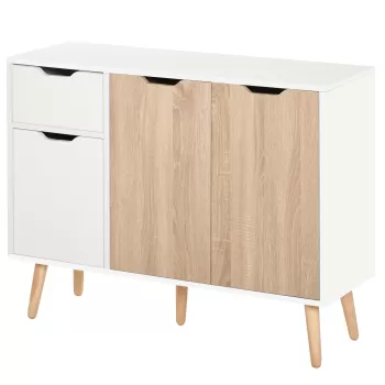 Dulapior Multifunctional HOMCOM cu Sertar si Dulapioare, Bufet Stil Nordic din Lemn pentru Dormitor, Sufragerie, Camera de studiu, Alb si Culoare Lemn 1d93 imagine