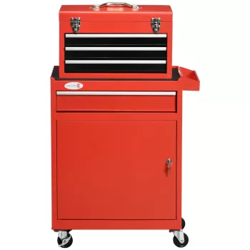 DURHAND Cutie pentru unelte pe roti cu 4 sertare rulante, 2 in 1 cutie pentru unelte si dulap de depozitare detasabil cu lacat si maner, Organizator din otel, Rosu 4e11 imagine