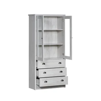 Highboard dulap, aspect lemn cu usi din sticla si manere din cupru, 3 sertare, 80x34x171 cm, Alb e977 imagine