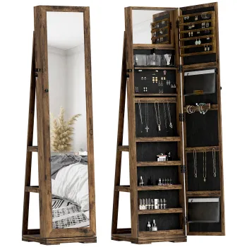 HOMCOM Armoire de Bijuterii pivotanta, blocabila, cu oglinda - Dulap Bijuterii Multi-Depozitare - Brun Rustic | Aosom Romania 1db3 imagine