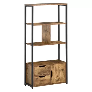 HOMCOM Biblioteca cu 3 Rafturi, Dulap si 2 Sertare, Biblioteca Stil Industrial din PAL si Metal, 58x24x122 cm, Negru si Lemn natur 8bdf imagine