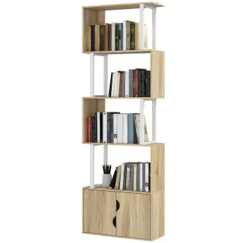 HOMCOM Biblioteca cu 5 nivele, mobilier de depozitare cu rafturi si dulap cu dubla usa, 60 x 23,8 x 179,2 cm, lemn natural | Aosom Romania 611b imagine