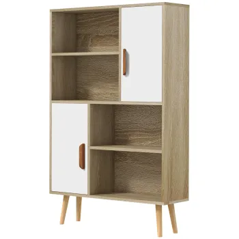 HOMCOM Biblioteca scandinava 4 nise + 2 dulapuri cu polita dim. 80L x 24l x 123H cm Picioare conice inclinate Lemn masiv Stejar | Aosom Romania 727f imagine