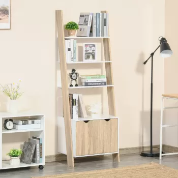 HOMCOM Biblioteca Scara cu 3 Rafturi si Dulap, Raft Modern Stil Nordic din Lemn, 60x40x171cm, Stejar si Alb 174a imagine