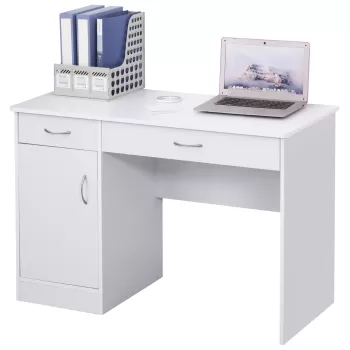 HOMCOM Birou Modern pentru PC si Computer cu 2 Sertare si 1 Dulap pentru Birou sau Camera din Lemn Alb 6816 imagine
