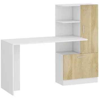 HOMCOM Birou pentru calculator cu biblioteca, birou informatic, dulap si rafturi deschise, 150x55x122 cm, alb si natural | Aosom Romania 225e imagine