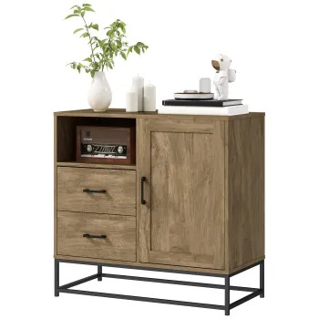 HOMCOM Bufet cu 2 Sertare, Dulapior Reglabil, Raft Deschis si Baza Metalica, 80x40x78 cm, Maro | Aosom Romania dde0 imagine