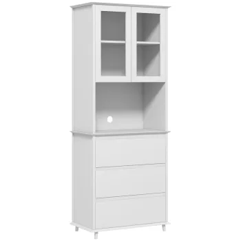 HOMCOM Bufet cu Cabina, Dulap de Bucatarie Independent cu Usi de Sticla, 3 Sertare si Raft Reglabil, 68x38x172 cm, Alb 998c imagine