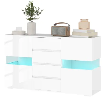HOMCOM Bufet cu Lumini LED Reglabile prin Telecomanda, Mobilier de Sufragerie cu 4 Sertare si 2 Dulapuri, 120x34x70 cm, Alb | Aosom Romania eabb imagine