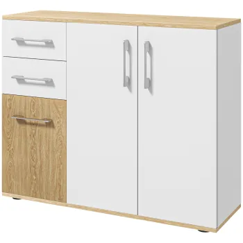 HOMCOM Bufet de Bucatarie cu 2 Sertare 2 Dulapuri si Rafturi Ajustabile pentru Sufragerie 90x30x75,5 cm Alb si Natural | Aosom Romania 87e1 imagine