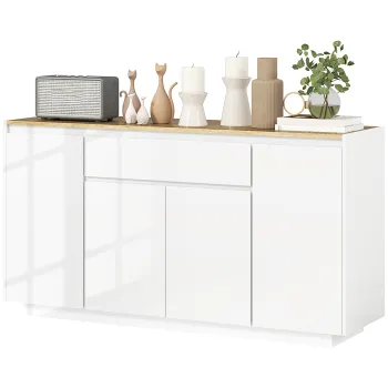 HOMCOM Bufet de Bucatarie cu 3 Dulapuri si 4 Usi cu Ichidere Lina, Mobilier Modern cu Sertar, 140x40x75 cm, Alb | Aosom Romania f8b6 imagine