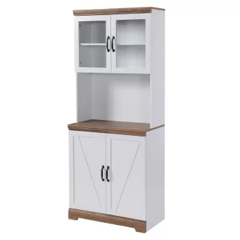 HOMCOM Bufet de bucatarie cu dulap superior, Camara cu usi cu rame de sticla, 2 dulapuri cu usi duble, 1 blat din lemn deschis cuptor cu microunde, Alb | AOSOM RO 1d93 imagine