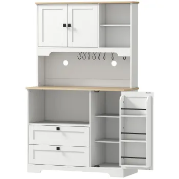 HOMCOM Bufet de Bucatarie Inalt 162 cm, Mobilier de Depozitare cu 2 Dulapuri, 2 Sertare, Suport Condimente, Orificii pentru Cabluri, Rafturi Reglabile, Blat pentru Cuptor cu Microunde, Suporturi pentru Cesti, Alb | Aosom Romania 2b08 imagine