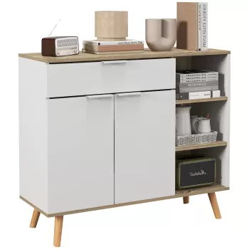 HOMCOM Bufet de Depozitare Modern cu Sertar, Usi cu Inchidere cu Amortizare, 3 Compartimente Deschise si Rafturi Reglabile, Dulap de Bucatarie Alb 10de imagine
