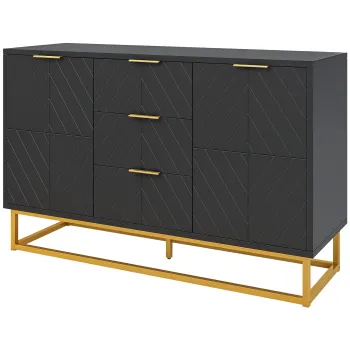 HOMCOM Bufet design contemporan grafic 2 dulapuri usa rafturi reglabile 3 sertare glisante din lemn negru metal aur | Aosom Romania 1be8 imagine