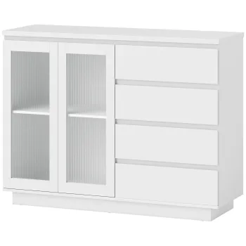 HOMCOM Bufet din Lemn cu 4 Sertare si Dulap cu Usi de Sticla si Rafturi Reglabile, 120x40x91 cm, Alb | Aosom Romania ef61 imagine