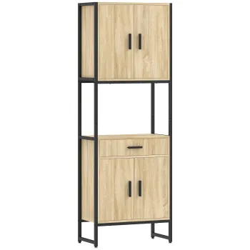 HOMCOM Bufet Inalt Bucatarie, Dulap de Bucatarie, 4 Usi cu Inchidere Silentioasa, Sertar, Blat, 60x30x170cm, Lemn Natural | Aosom Romania 7725 imagine