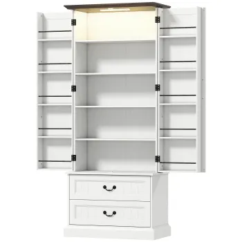 HOMCOM Bufet inalt bucatarie, dulap de bucatarie, LED cu senzor, 2 usi, sertare si rafturi reglabile, 76x39,5x183cm, alb | Aosom Romania dea4 imagine