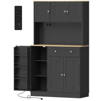 HOMCOM Bufet inalt bucatarie, dulap de bucatarie, statie de incarcare, 6 usi, blat de lucru, suport pentru condimente, 100x40x173cm, negru | Aosom Romania 1841 imagine