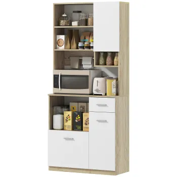 HOMCOM Bufet Inalt de Bucatarie cu Sertar, 3 Dulapuri si 4 Compartimente Deschise, 80x35x180 cm, Alb | Aosom Romania 1c6c imagine
