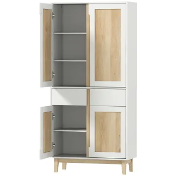 HOMCOM Bufet inalt de bucatarie, dulap de bucatarie cu 4 usi, 2 sertare si rafturi reglabile, 80x35x170cm, alb si stejar | Aosom Romania 8f44 imagine