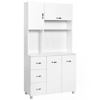 HOMCOM Bufet Inalt Modern cu Sertare si Dulapioare, Dulap Bucatarie pentru Microunde cu Rafturi deschise, 100x39.5x183.5cm, Alb 568b imagine